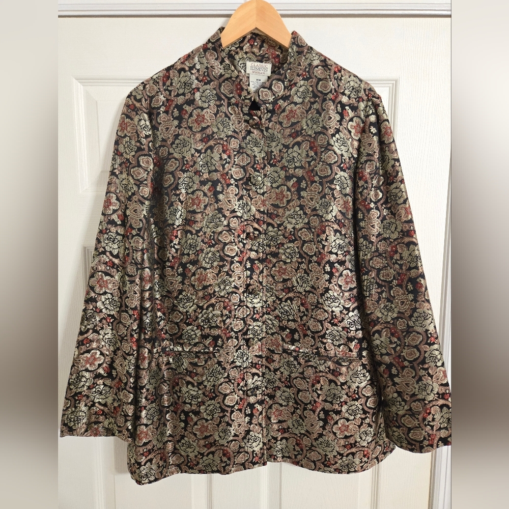 Classic Elements Brocade Jacket in Black and Brown Silk Blend Size 16W